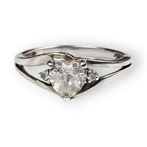 Sterling Heart Ring Lab Created Diamond CZ 925 Silver Split Shank Vintage Size 7